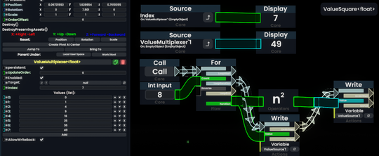 Array-like access from within ProtoFlux. Note the setting of AllowWriteBack and that you can only access a single value at a time!