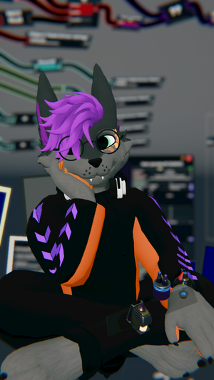 An image of Paradox floating in a grey void while sitting with their legs crossed. They are a grey canine-like figure wearing a black, orange and purple hoodie, dark trousers, glasses and headphones around their neck. Physically, they are mainly gray with purple hair, orange paws and a darker purple accent on their ears. They also have an orange marking around their left eye which look like pixels. On their toolshelf you can see a dev tool, a protoflux tool and a glue tool. Behind them (and out of focus) is some ProtoFlux, a user inspector and some CRT screens, one of which seems to be displaying a file.