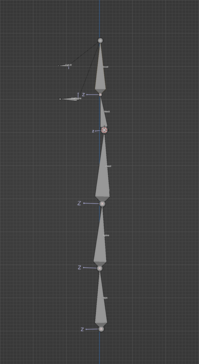 Blender viewport showing bones, going from bottom to top: Hips, Spine, Chest and Neck.