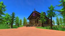 The cabin of the seasons. There's a crystal-shaped purple hourglass hanging above the entrance of the cabin.