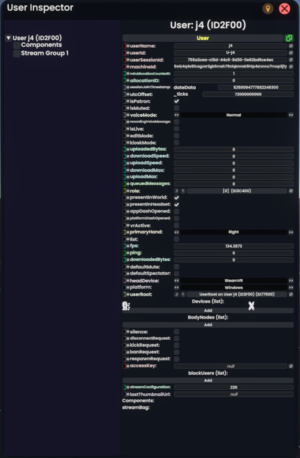 User inspector window being divided in two columns. On the left, a list of users. On the right, properties for that user, looking like components.