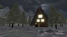 A cabin in the middle of a snow forest