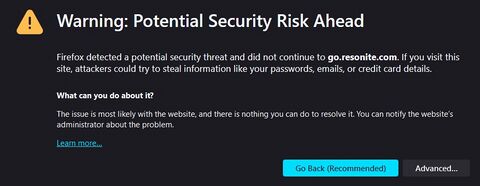 Security warning page from the Firefox Browser.