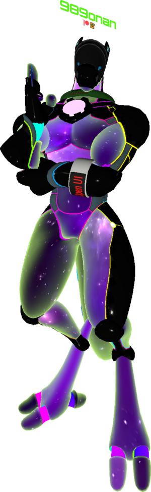 989onan, with arms crossed but one arm up. They have a ball of light at the end of their finger which is a multitool, with smiling eyes. They're a rainbow lined synth between panels of moving galaxies with yellow frensels and panels of shiny grey metal.