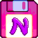 A pink floppy disk with the purple colored letter "N" in its center